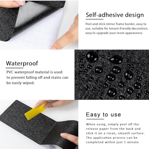Avinyl 10M Black Mirror Border Peel and Stick Wallpaper, Self Adhesive Waterproof Wallpaper Mirror Frame Tape for Bathroom Decor, Silk Peel and Stick Trim Removable Kitchen Wall Decor 1.96" x 393" - Thumbnail 5