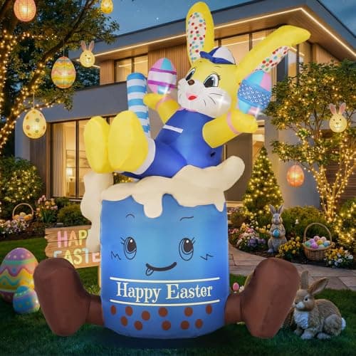 7.3FT Easter Inflatable Bunny Outdoor Decorations, Giant Yellow Bunny in Blue Cup with Built-in LED Lights, Waterproof Blow Up Yard Decor for Lawn, Garden, Porch, Easter Party