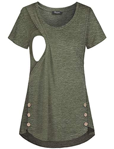 Cute Maternity Tops, Quinee Short Sleeve Round Neck Nursing Tshirt Ladies Casual Breastfeeding Tunic Loose Fit Draped Comfortable Button Details Clothing Olive Green XL - Image 1