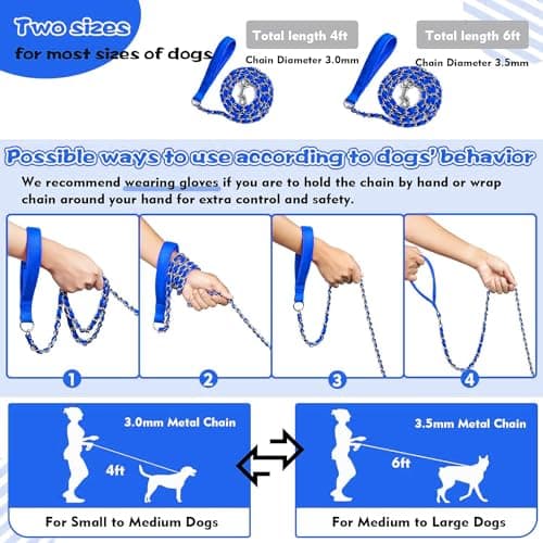LUFFWELL Heavy Duty Metal Dog Chain Leash with Comfortable PU Leather Padded Handle, Chew Proof for Medium Large Pooch Walking Training (6FT 3.5mm Blue) - Thumbnail 5