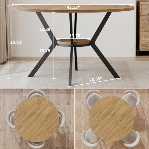MECHYIN 42 Inch Round Dining Table for 2–4, Farmhouse Round Kitchen Table with Storage Shelf, Pedestal Dining Table, Wood Top & Metal Base, Small Space Table for Apartment, Dining Room - Thumbnail 2