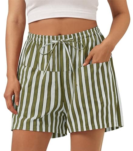 Aoysky Womens Striped Lounge Shorts High Waisted Drawstring Casual Summer Shorts Color Block Beach Bottoms with Pockets Army Green - Image 1