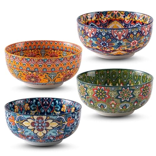 Porcelain Bowl Set of 4, 24 oz, 6 Inche Deeply Bohemia Bowl Set Large Ceramic Bowl Spaghetti Bowl, for Salad Pasta Soup Cereal Oatmeal Fruit, Microwave & Dishwasher Safe Gift Handmade-Style Print - Image 1