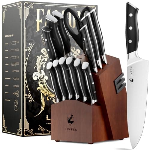 Livtek Knife Set with Block - Kitchen Knife Set German High-Carbon Stainless Steel with Built-in Sharpener - Full Tang, Triple-Rivet Ergonomic Handle - Holiday Gift Idea - 15-Piece, Falcon Series.