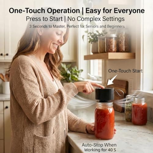 Electric Mason Jar Vacuum Sealer Kit, Automatic Jar Sealer for Wide and Regular Mouth Mason Jars, 1800Amh Portable Cordless Vacuum Sealer for Canning and Food Storage, Includes 20 Lids, 2 Vacuum Bags - Thumbnail 2