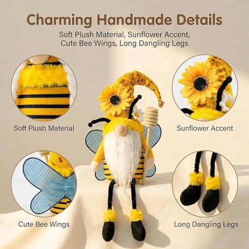 Lovinland Spring Decorations for Home, Office, Indoor - Yellow Honey Bumble Bee Sunflower Plush Gnomes Doll - Summer Gnome Gifts for Women - Bee Stuffed Sitters for Shelf Decor - Thumbnail 4