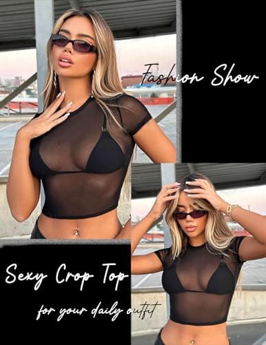 GAMMIS Mesh Top for Women Crew Neck Mesh Shirt Short Sleeve Fitted Sexy Sheer Tops Mesh Tee Classic Black L - Thumbnail 3