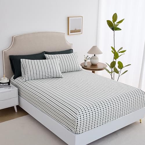 Queen Size Bed Sheets Set Deep Pockets - 6PC Print Ultra Soft Microfiber Bed Sheets - Easy to Clean, 90 Thread Count Sheets Includes 1 Fitted, 1 Flat, 2 Pillowcases (Black/Grey Squares)