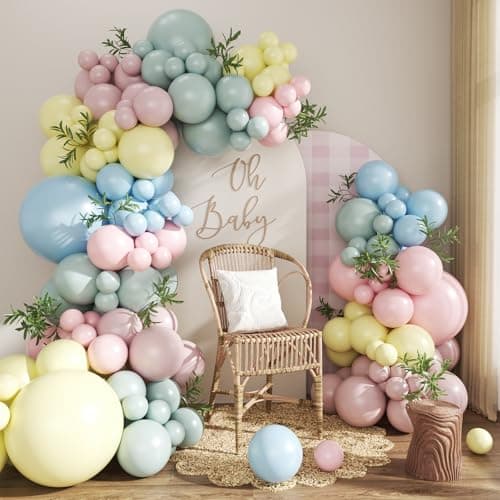 Pink Blue Yellow Pastel Balloon Arch Kit, 124Pcs Macaron Light Pink Blue Yellow Balloons for Spring Tea Party Baby Shower Wedding Birthday Gender Reveal Party Decorations