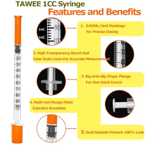 TAWEE 1CC Syringes with 30G 5/16" (8mm Long) Needle, U-100 Disposable Sample Syringe with Triple-Bevel Cut Needle Tip 1ml Lab Syringe 14 Pack - Thumbnail 5