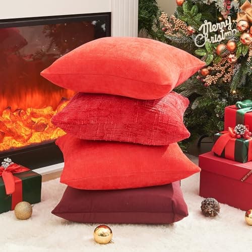 GriNeed Pack of 4 Christmas Red Pillow Covers 20x20 Inch Chenille Throw Pillow Covers Solid Decorative Soft Xmas Cushion Covers Home Boho Textured Decor for Couch Sofa Bed Living Room - Thumbnail 4