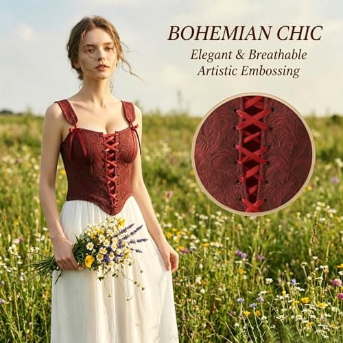 Grodress Renaissance Corset Vest Tops for Women Red Linen Overbust Bustier Bodice Sleeveless Drawstring Crop for Valentine's Day - Thumbnail 5