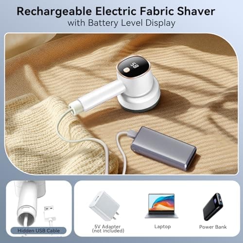 Smyeviva Rechargeable Fabric Shaver for Clothes: 6-Leaf Blades & 3 Speeds to Remove Pilling, Fuzz & Lint Balls - with LED Display, Portable Electric Lint Remover for Sweater, Couch, Blanket, Furniture - Thumbnail 5