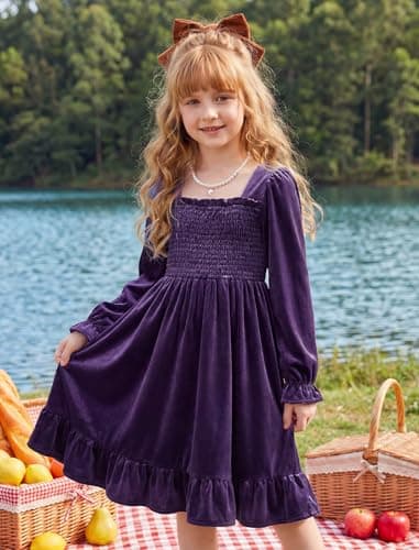 JiAmy Toddler Winter Dress Girls Velvet Long Sleeve Smocked Shirred Ruffle Flared Casual Dresses Purple 4-5Y - Thumbnail 3
