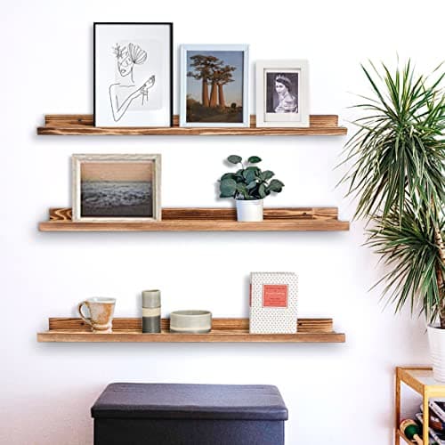 AZSKY Floating Picture Ledge Shelf | 48" Rustic Wood Wall Shelves Set of 3 | Photo Frame Display | Nursery Book Organizer for Bathroom, Bedroom, Living Room, Kitchen | Easy Install | Burnt Brown - Thumbnail 2