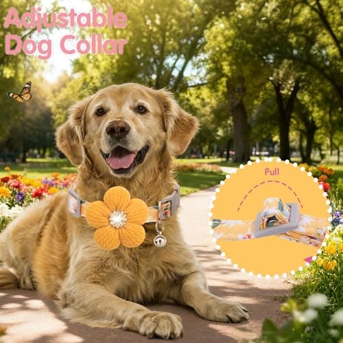 Large Dog Collar with Flower, Dog Collars for Large Dogs Collar for Girl Cute Dog Collar with Bell, Adjustable Length - Thumbnail 5