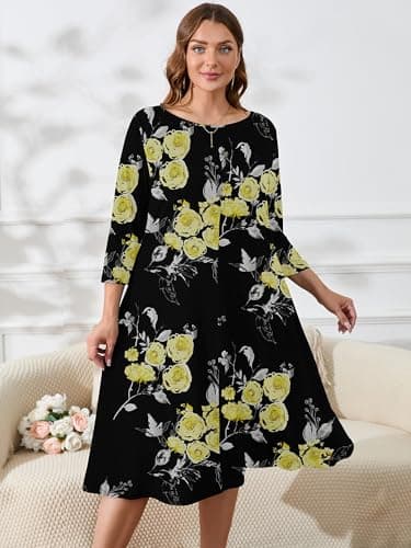 AusLook Women's Plus Midi Dresses Crew Neck A Line 3/4 Sleeves Casual Elegant Loose Flowy Wedding Guest Maternity Vacation Beach Black Golden Floral 2X Dress with Pockets - Thumbnail 3