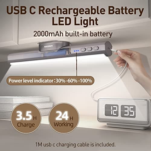 Rocoren Cordless Under Cabinet Lighting, Magnetic Closet Light, 5W Desk Lamp, Dimmable, Button Control, Adjustable Color Temperature/Brightness, Rechargeable USB-C Powered Cabinet Lights (Gray) - Thumbnail 4