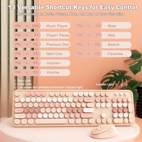 HotFox Wireless Keyboard and Mouse Combo, Full-Size Retro Typewriter Keyboard with Round Keycaps, Ergonomic Design for Windows PC, Home and Office Use -Brown - Thumbnail 4