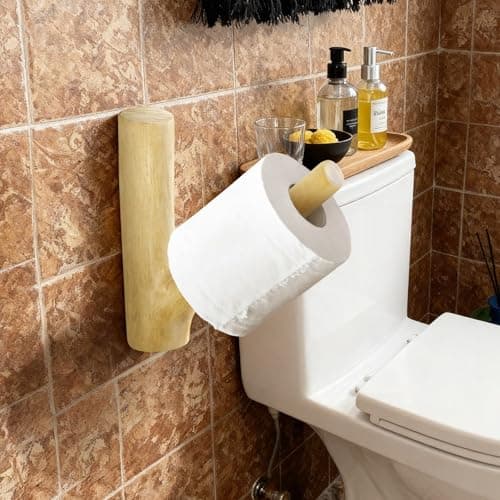 Wooden Toilet Paper Holder Wall Mount- Self Adhesive Bathroom Tissue Roll Holder, Retro Bohemian Farmhouse Style, No Drilling for Small Spaces Bathrooms RVs and More - Natural Wood Color - Thumbnail 6