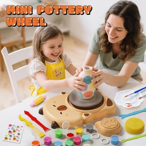 Skirfy Mini Pottery Wheel Machine Kit for Beginners Kids with Light,Electric Ceramic Wheel with Foot Pedal&Painting Kit, Adjustable Speed,Clay Spinner DIY Tools for Art Craft Birthday (Brown) - Thumbnail 4