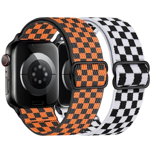 XSMDAJDTXZ 2 Pack Stretchy Solo Loop Compatible with Apple Watch Band 40mm 41mm 44mm 45mm 46mm 49mm 38mm 42mm Women Men, Sport Nylon Elastic Straps Braided Wristbands for iphone Watch Series 11 10 9 8 7 6 5 4 3 Ultra SE (black/orange, 42mm(Series 3)/44mm/45mm/46mm/49mm) - Image 1