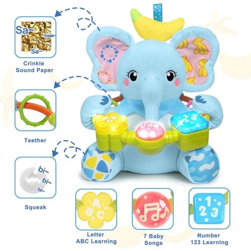 Baby Elephant Musical Stuffed Animals Toy with Light-Up Music & Crinkle,Infant Bilingual Early Learning Education Toys,1st Easter Basket Shower Stuffers for 0-3-6-12+ Months Boy Girl Gifts,Blue - Thumbnail 3