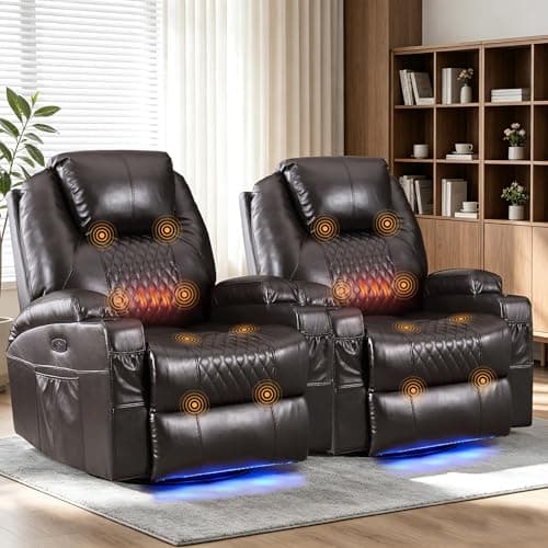 WISHDEER Power Swivel Rocker Recliner Chair for Adults - Rocking Recliner with Heat and Massage/Cup Holder/LED Lights/USB-A & USB-C Ports/Side Pocket for Living Room (PU Brown, 2-Seater) - Image 1