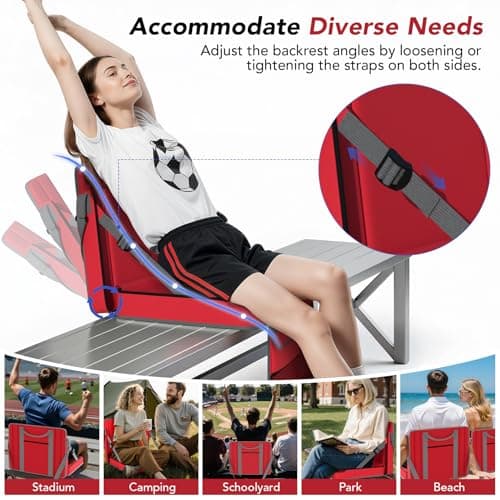 janiry Stadium Seats with Back Support 1PACK Adjustable Bleacher Chairs with Back and Cushion Bleacher Seat with Cup Holder, Carry Handle & Shoulder Strap for Outdoor Sports Events, Picnics, Red - Thumbnail 6