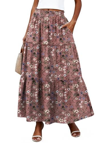Bellcoco Long Skirts for Women Maxi Spring Summer Swing Tiered A-Line Elastic High Waist Boho Flowy Skirts with Pockets Dusty Pink Floral Medium - Image 1