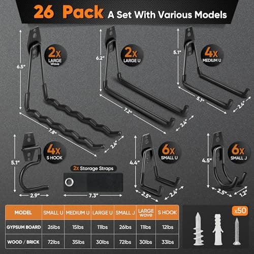 Nacial 26 Pack Garage Hooks Heavy Duty, Utility Steel Garage Storage Hooks with 2 Extension Cord Storage Straps, Utility Garage Wall Mount Hooks for Hanging Bike, Ladder and Garden Tools, Black - Thumbnail 2
