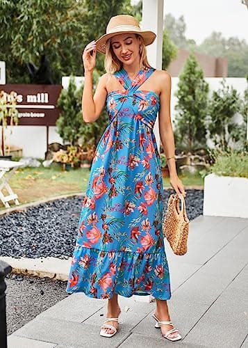 2024 Summer Women's Criss Cross Halterneck Sleeveless Floral Print Flowy A Line Maxi Dress Blue Red XXL - Thumbnail 5