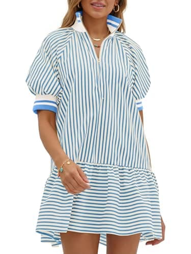 Wenrine Women Short Puff Sleeve Dress Striped Half Zip V Neck Collar Summer Casual Color Block Sweatshirt Babydoll Dresses Light Blue - Image 1