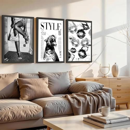 3Pcs Trendy Black and White Leopard Canvas Wall Art Vintage Newspeper Cheetah Wall Decor Fashion Girl Poster Heels Lips Picture Luxury Feminist Painting Print Poster Artwork for Apartment Dorm 12x16in Unframe - Thumbnail 3