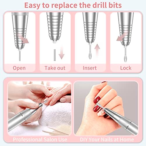 MOCOWIND Portable Nail Drill Professional 35000 RPM, Rechargeable Electric Nail File Machine Cordless E-File for Acrylic Gel Polishing Removing with Bits Kit for Manicure Salon Home, Pink - Thumbnail 6