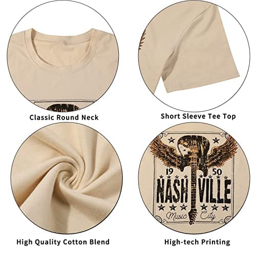 Womens Nashville Shirts Country Music Concert Tshirts Vintage Graphic Short Sleeve Tees for Women Beige S - Thumbnail 5