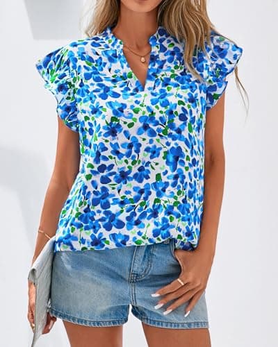 Zenlonr Womens Dressy Casual Tops 2026 Summer Ruffle Cap Sleeve V Neck Shirts Boho Floral Blouses Vacation Outfits(White Blue Flower,XX-Large) - Thumbnail 2