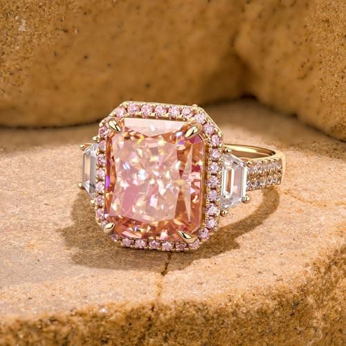 Moissa 8ct Lab Zircon Cocktail Ring 14K Gold Plated Silver Rings for Women Non Tarnish, Radiant Cut Halo Ring for Engagement Anniversary Birthday Party, Jewelry Gift for Wife Her - Peach Pink Padparadscha Sunset Glow Ring - Thumbnail 5