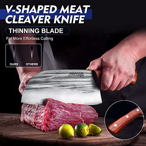 Topfeel 2PCS Meat Cleaver & Heavy Duty Bone Chopper Knife Set, Hand Forged German High Carbon Stainless Steel Butcher Knife for Home Kitchen & Outdoor - Thumbnail 2