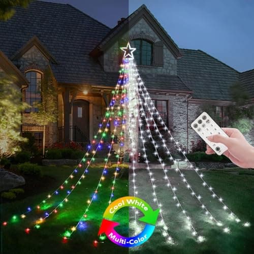 Decute Outdoor Christmas Decorations Star String Lights Color Changing Timer with Remote, Waterproof 320 Led Tree Toppers Fairy Lights for Yard Garden Backyard Holiday Decor Cool White + Multi-Color - Image 1