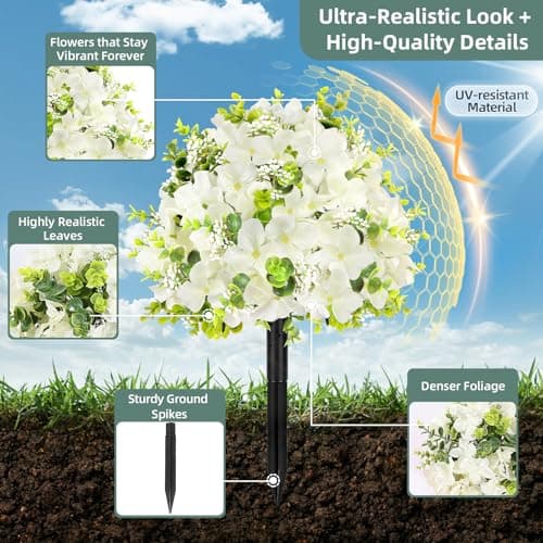 2 Pack Artificial Flowers Topiary Ball Tree, 21.7" Fake Plants with Ground Spike, UV-Resistant Faux Boxwood Shrub, Realistic Evergreen Bushes for Indoor/Outdoor Front Porch & Garden Decor (White) - Thumbnail 4
