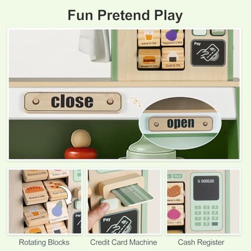 DREAM BUILDING Kids Grocery Store Pretend Play, Puppet Theater&Grocery Store Playset Toy Double-Sided, Toddler Supermarket Toy Cash Register w/Blackboard, Display Shelves, Gift for Boys Girls, Green - Thumbnail 6