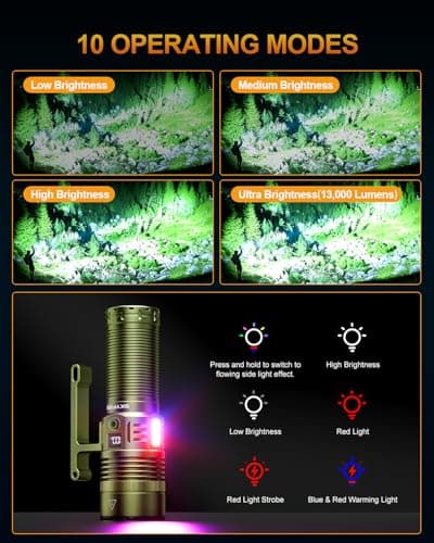 SKYFIRE Rechargeable Spotlight, 13000 Lumens High Lumens Flashlight, 32000mAh 24H Runtime LED Searchlight, IP67 Waterproof Handheld Spotlight for Hunting Boating Camping, 10 Modes with LCD Display - Thumbnail 3