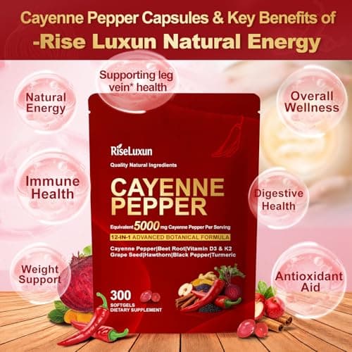 RiseLuxun 12-in-1 Cayenne Pepper Capsules Supplement*, 5000mg Per Serving Containing | Vitamin D3 K2+E & Extracts of Grape Seed, Hawthorn, Beetroot, Berberine Other Extracts - Thumbnail 4
