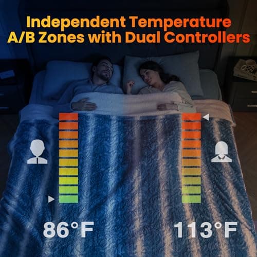 WOOMER Heated Blanket King Size 100" x 90", Electric Blanket with Dual Controls, 0.5-12 Hours Timer & 10 Heating Levels, ETL Certified, Blue White Flowers Patterns Faux Fur & Sherpa, Machine Washable - Thumbnail 3