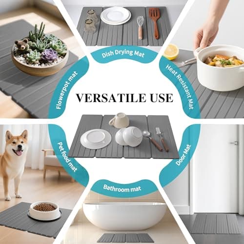 Extral Large Quick Dry Stone Drying Mat for Kitchen Counter,28x16 Inch Collapsible Eco-Friendly Absorbent Diatomaceous Earth Mat for Dishes Cups (Medium Gray-Upgraded Version, 16x12 inch) - Thumbnail 6