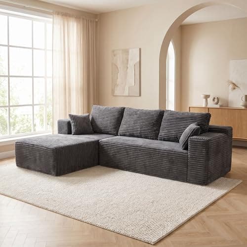 HOMMIDIKA 106" Boneless Sectional Couches for Living Room,Modular Sectional Sofa with L-Shape Chaise,Corduroy Oversized 3 Seater Cloud Couches for Apartment,No Assembly(Dark Grey,Left Facing Chaise)