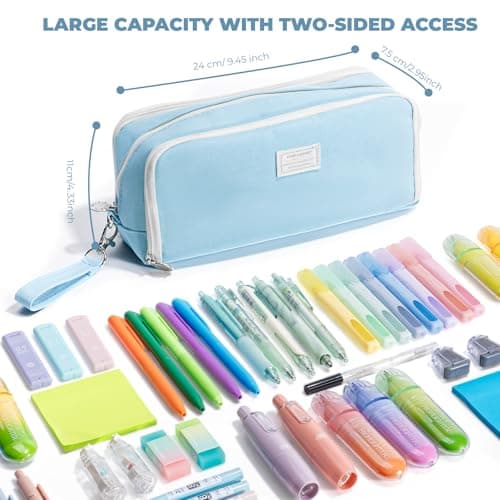 Four Candies Blue Pencil Case 3 Compartment Pouch, Large Pencil Pouch for School, Girls, Teen Boys, Women, Blue, Removable Handle & Zipper, Cute Pencil Bag for Office, College - Thumbnail 3