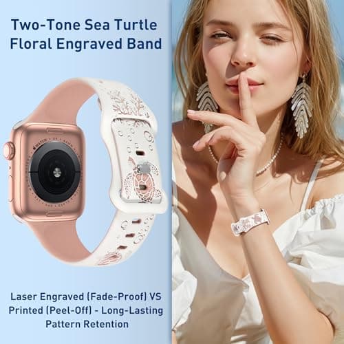 HMFCBFSS Engraved Cute Sea Turtle Band Compatible with Apple Watch Bands for Women Men 38mm 40mm 41mm 42mm, Stylish Two-Tone Floral Soft Silicone Sport Strap Fit iWatch Series 11 10 Se 9 8 7 6 5 4 3 2 1 (White/Sandy pink, 38mm/40mm/41mm/(42mm-Series 11 10) - Thumbnail 5