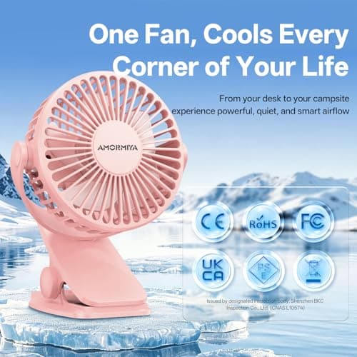 AMORMIYA Portable Clip on Fan, 20H Runtime, 4000mAh Battery Operated Fan, Max 4.5m/s Strong Airflow, Quiet 3 Speed USB Rechargeable Mini Personal Fan for Desk Golf Cart Camping, 360° Rotate, Pink - Thumbnail 2